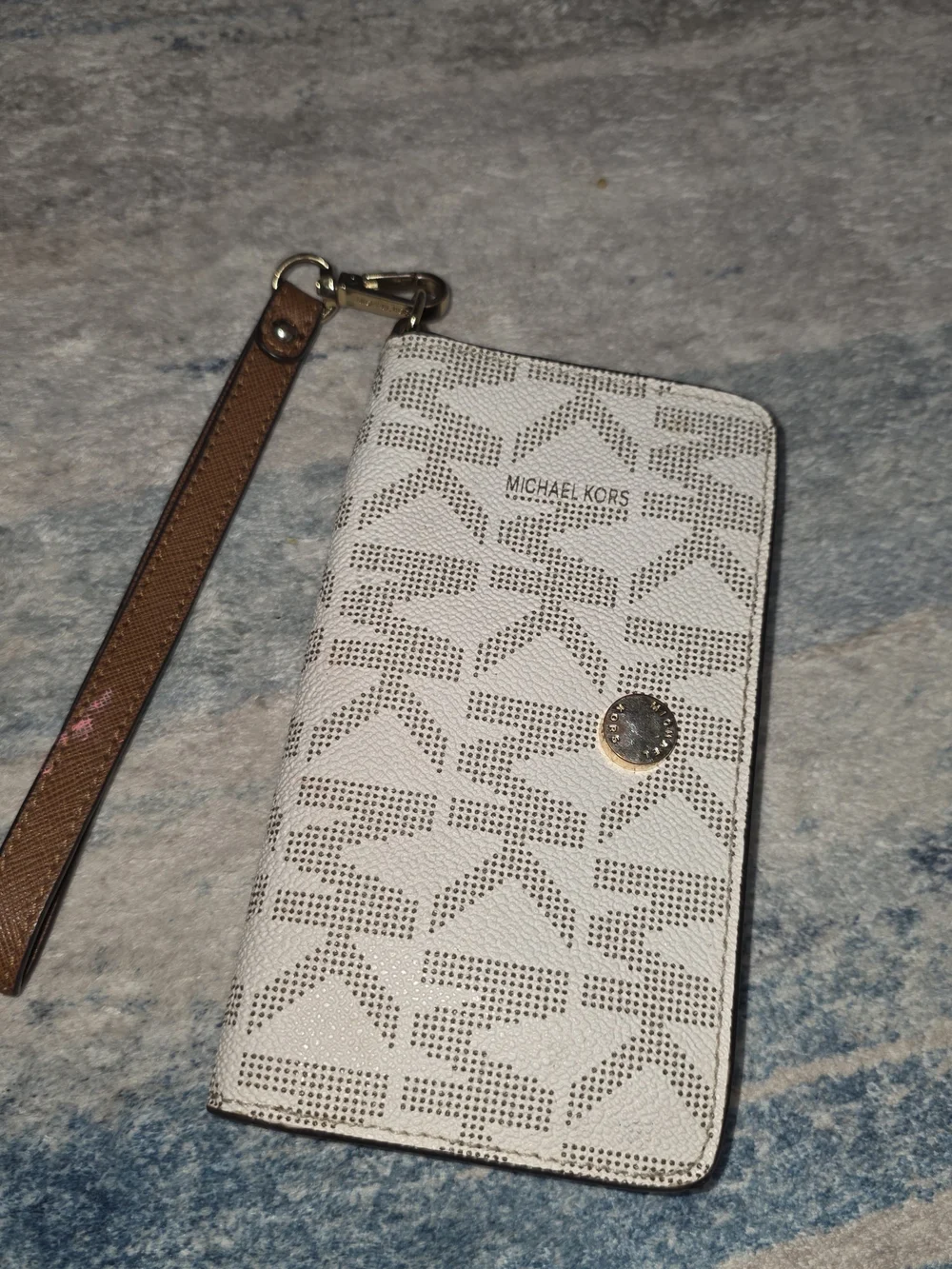 Michael Kors Beige and White MK Logo Wristlet Wallet with Brown Strap